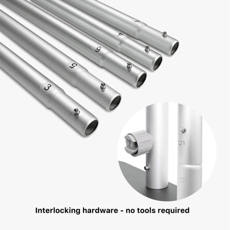 Here's an alt tag for the image: Interlocking banner stand poles, tool-free.
