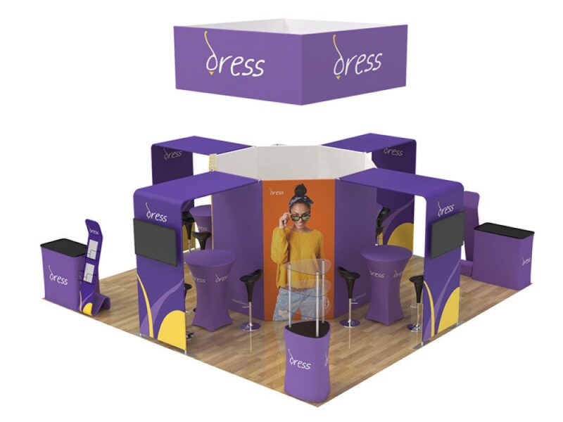Purple trade show booth, Dress brand.
