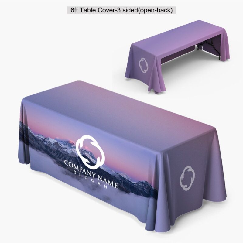 6ft printed table cover, 3-sided.