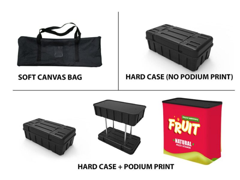 Display case, bag, & printed podium.