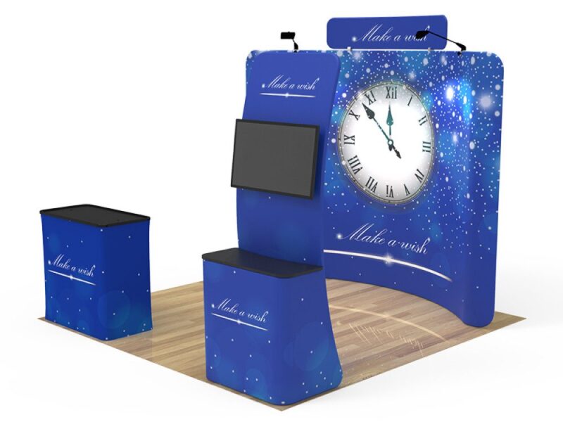 Here's an alt tag for the image: Blue trade show booth, clock design.