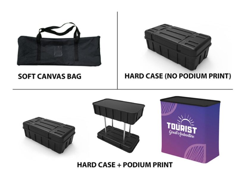 Here's an alt tag for the image: Portable display cases and bag.