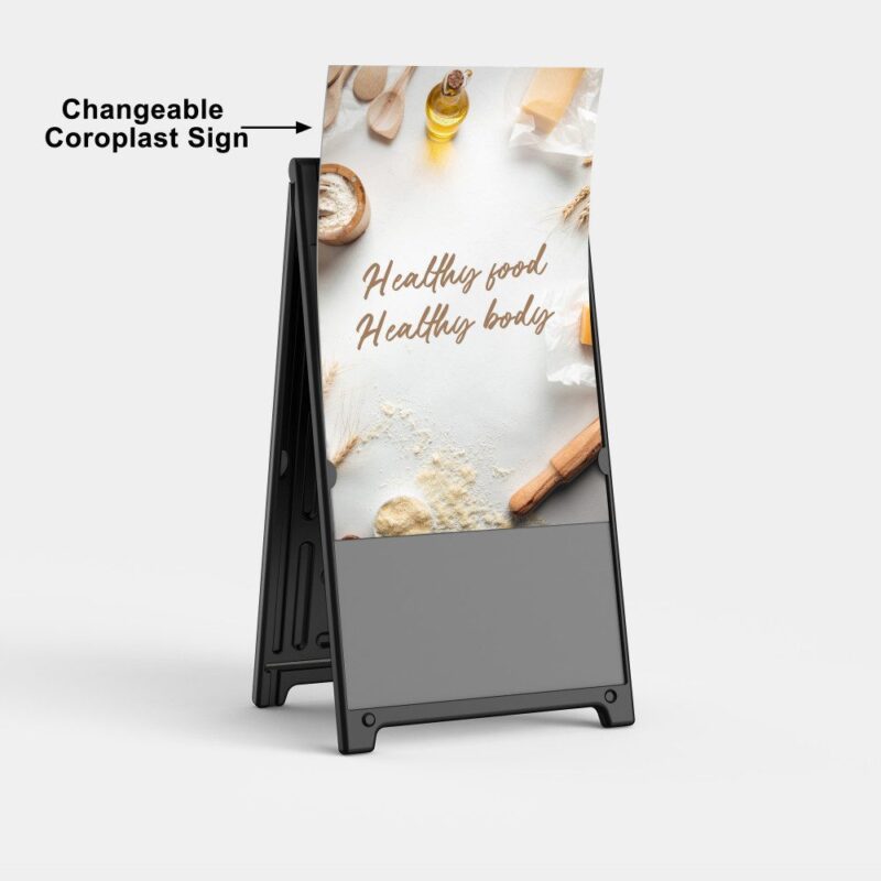 A-frame sign: Healthy food, healthy body.