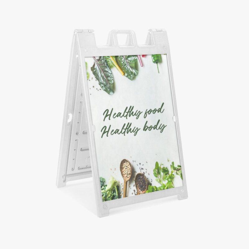 Here's an alt tag for the image: A-frame sign: Healthy food, healthy body.