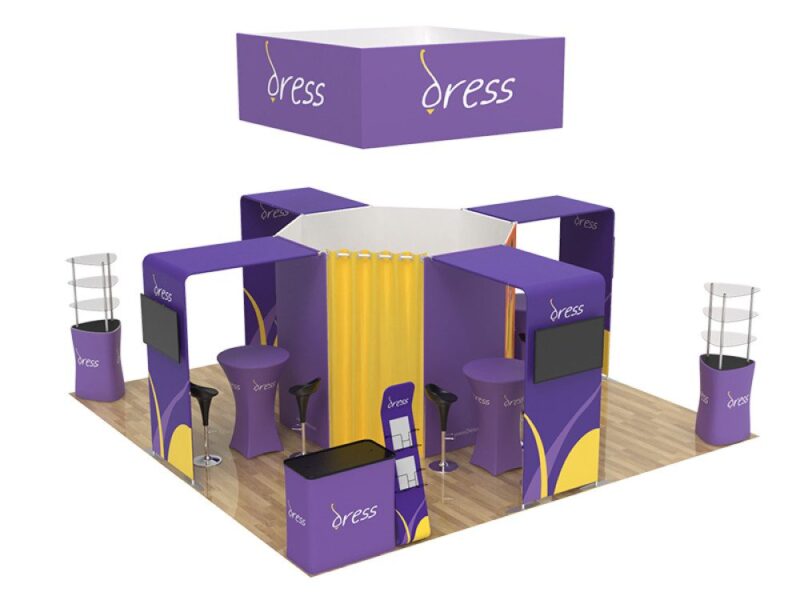 Purple trade show booth, Dress branding.