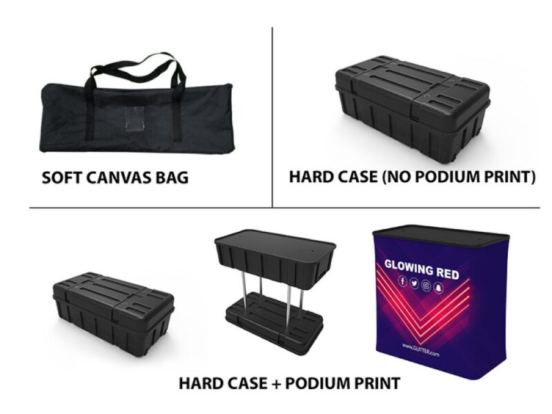 Display cases, bag, and printed podium.