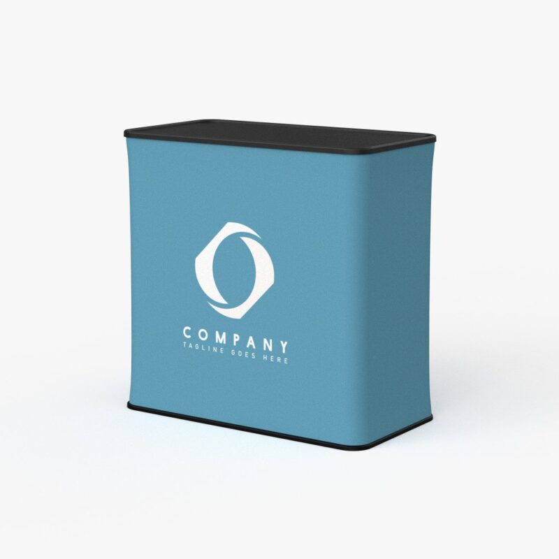 Here's a short alt tag for the image: Blue promotional counter with logo.