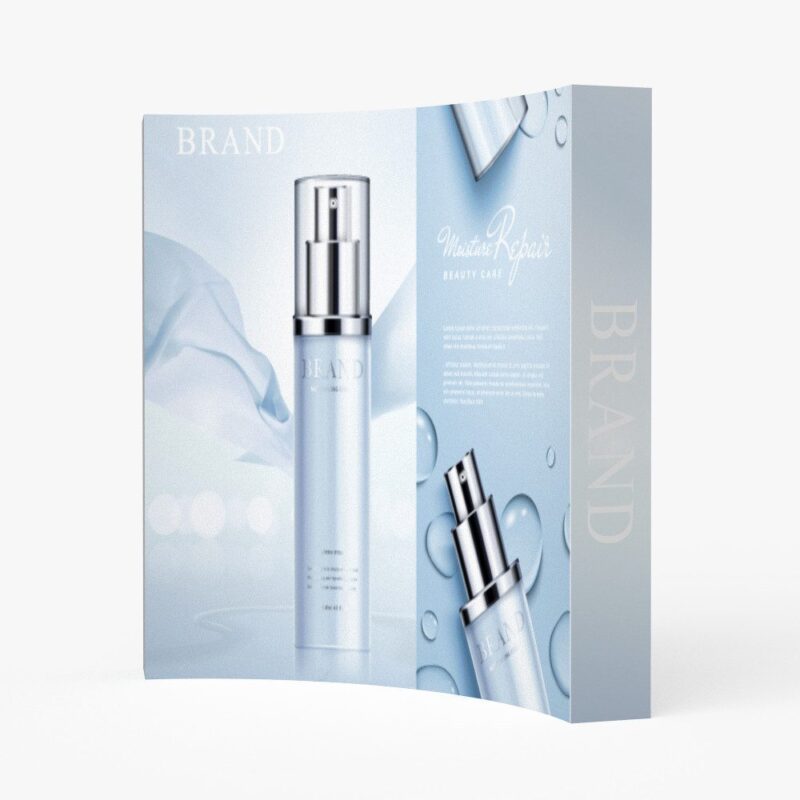 Curved beauty product display, moisture repair.
