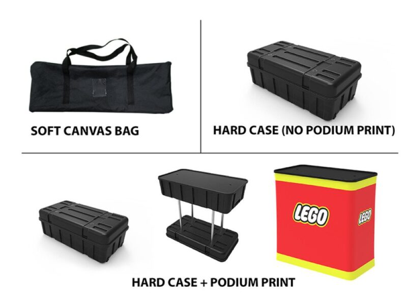 Here's an alt tag for the image: Display cases, bag, and LEGO podium.