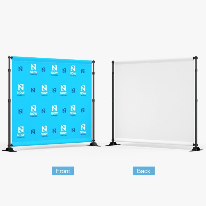 Double-sided backdrop: blue print, white back.