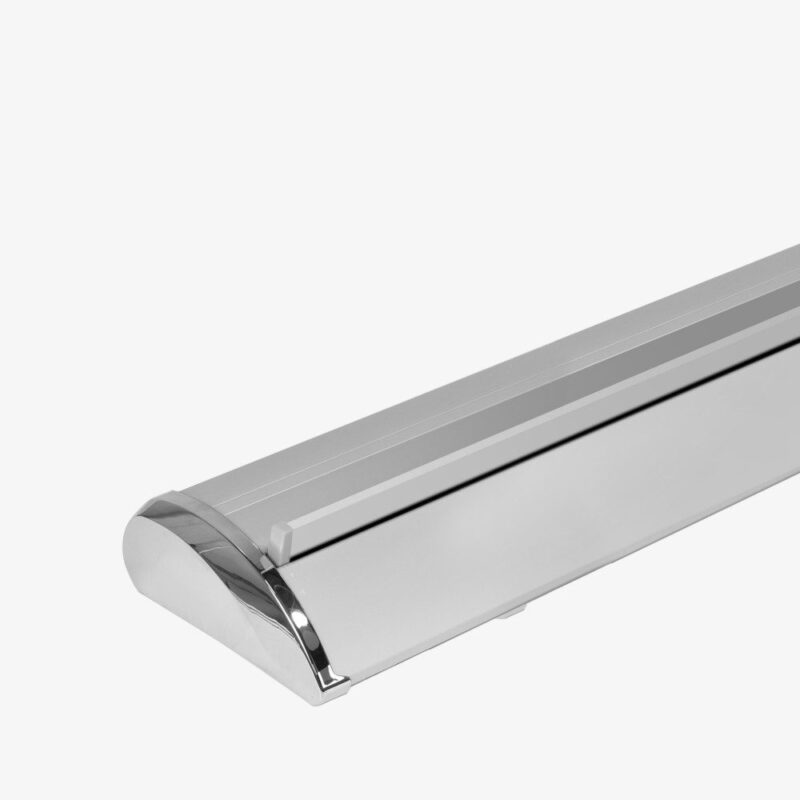 Here's an alt tag for the image: Silver retractable banner stand base.