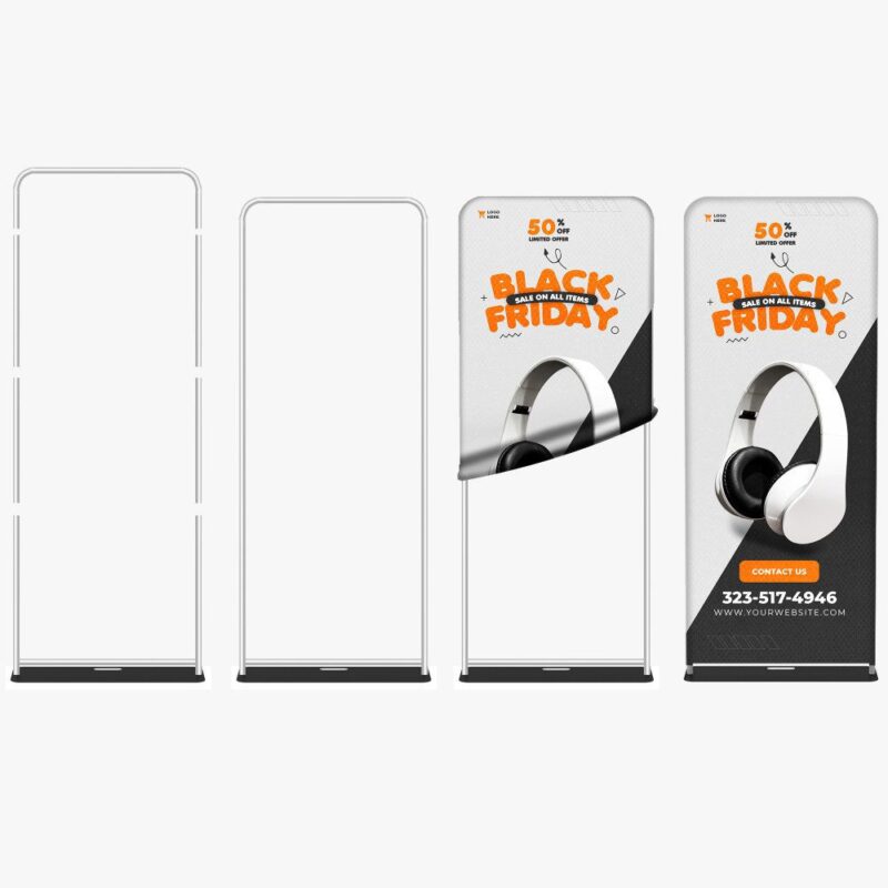 Black Friday headphone sale banner stand.