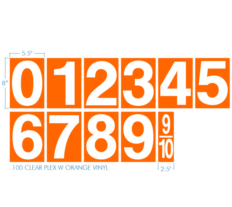 Orange vinyl numbers 0-9 and 9/10.