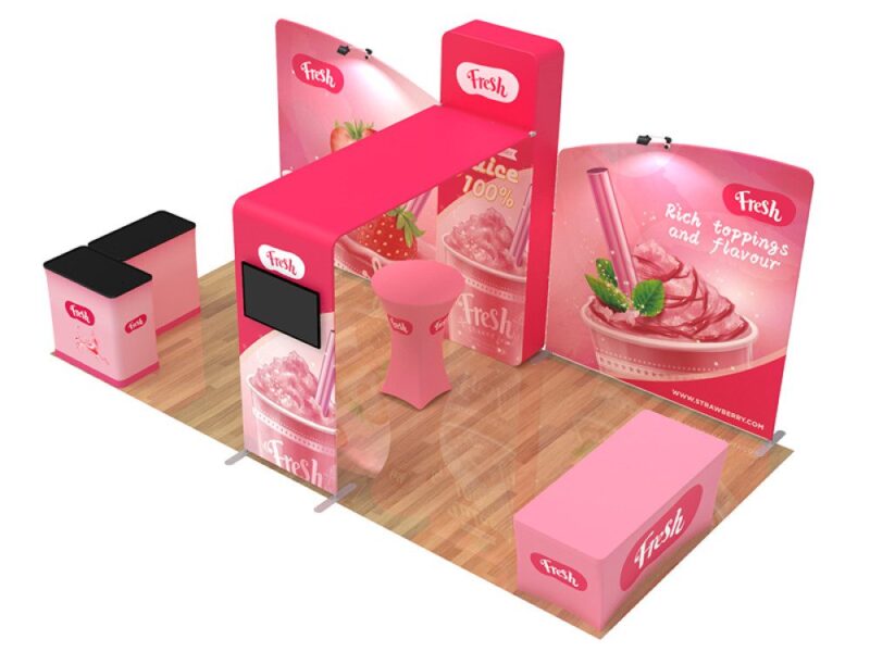 Strawberry smoothie trade show booth.