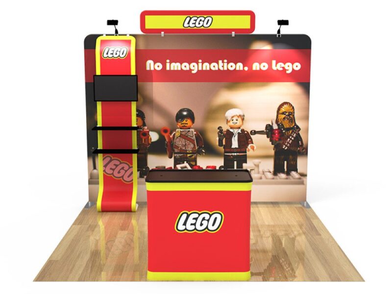 LEGO trade show booth with minifigures.