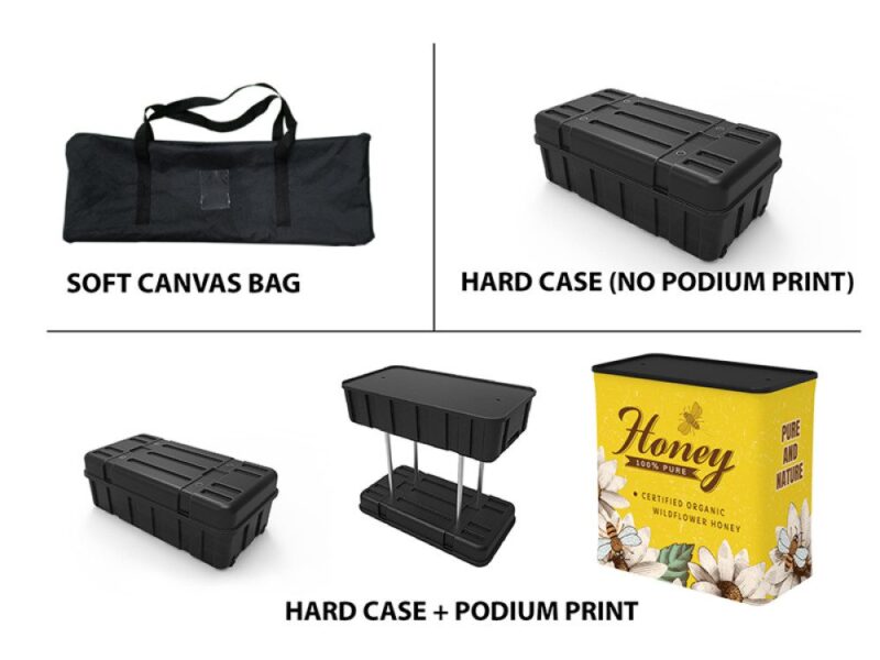 Display case, bag, and printed podium.