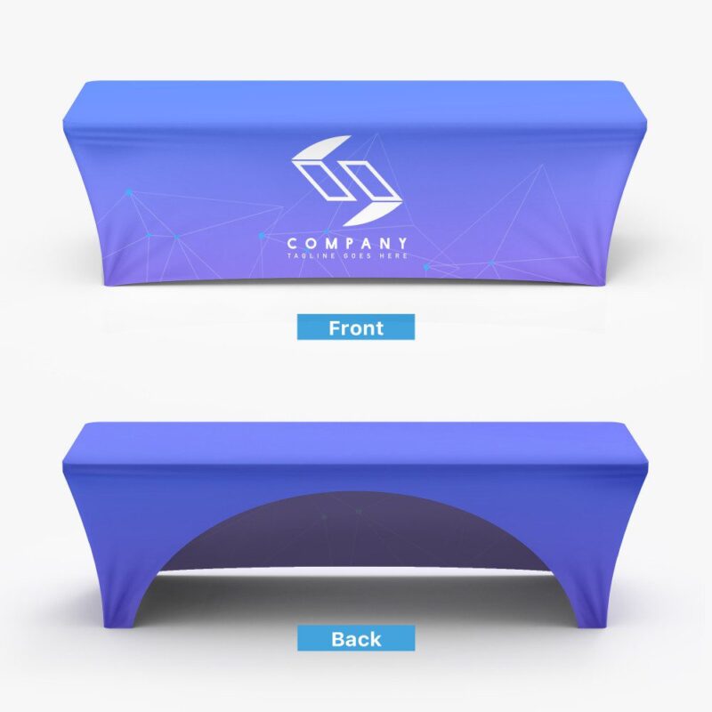 Purple branded table cover, front and back.