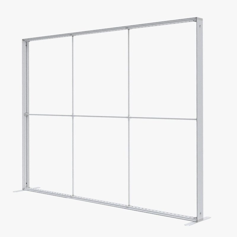 Here's an alt tag for the image: White fabric trade show display frame.