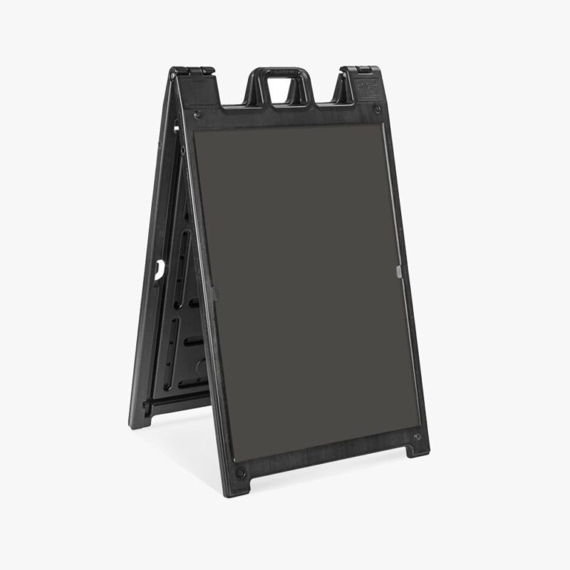 Black plastic A-frame sidewalk sign.
