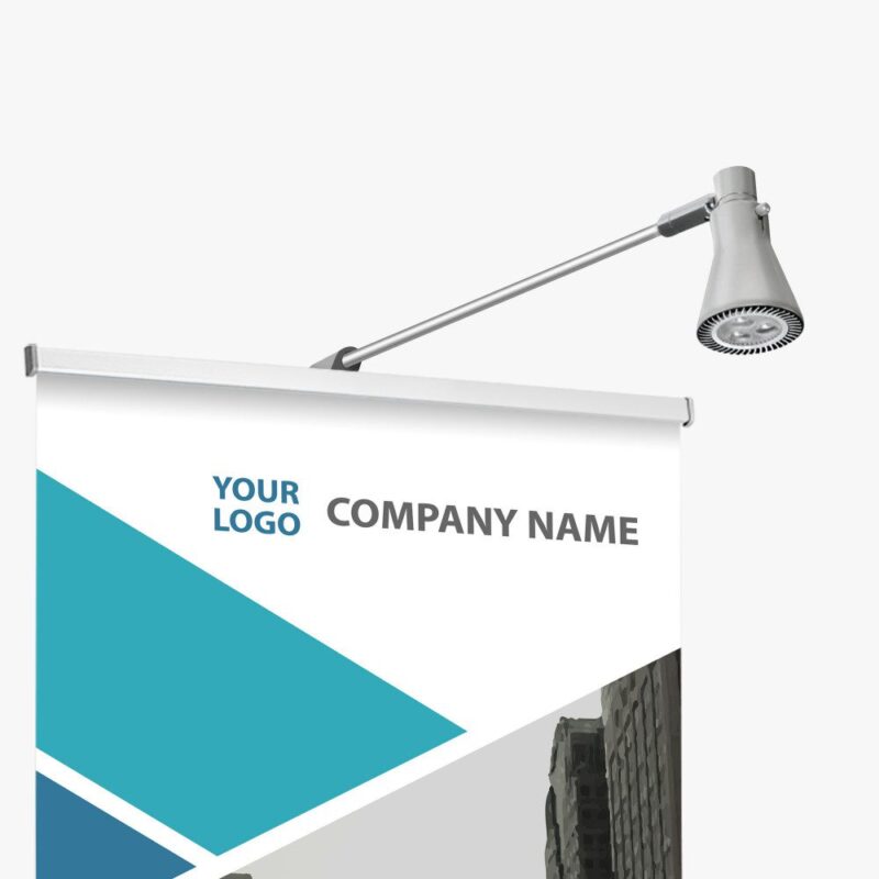 Here's an alt tag for the image: Lit retractable banner with logo.