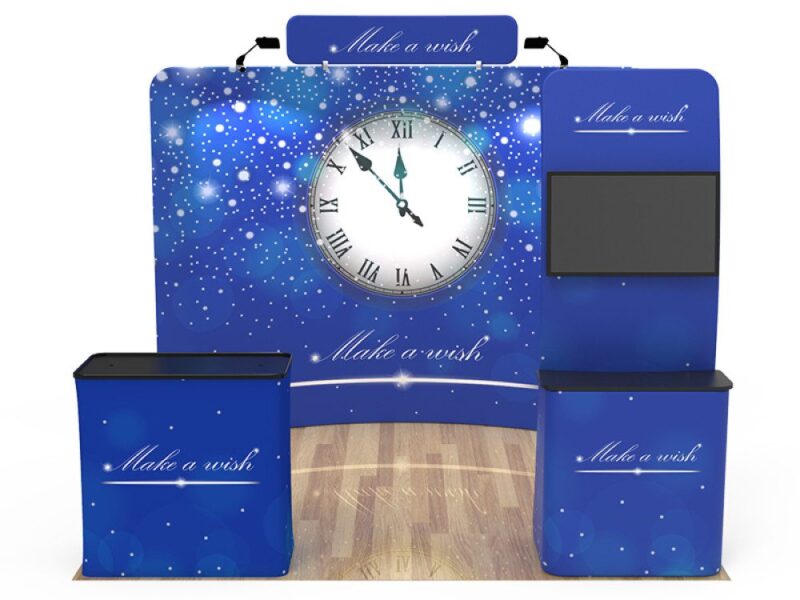 Blue trade show booth; Make a Wish.