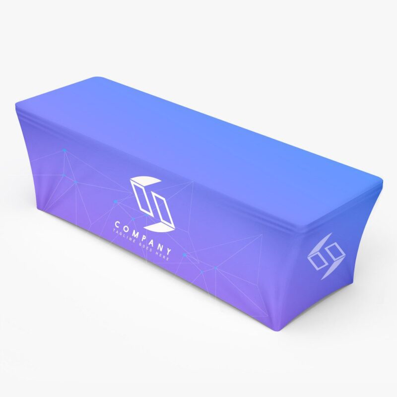Purple fitted table cover with logo.