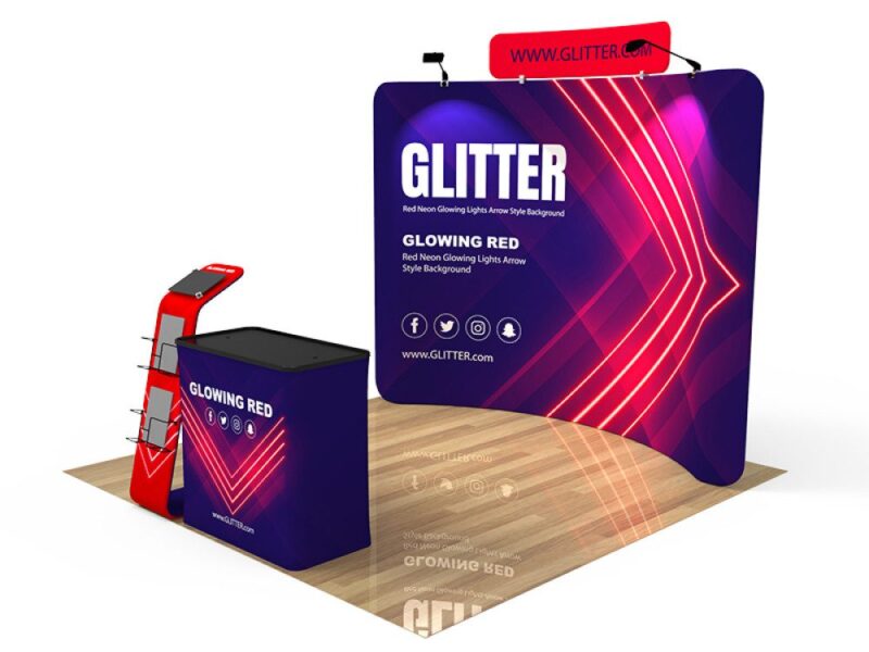 Glowing red trade show booth display.