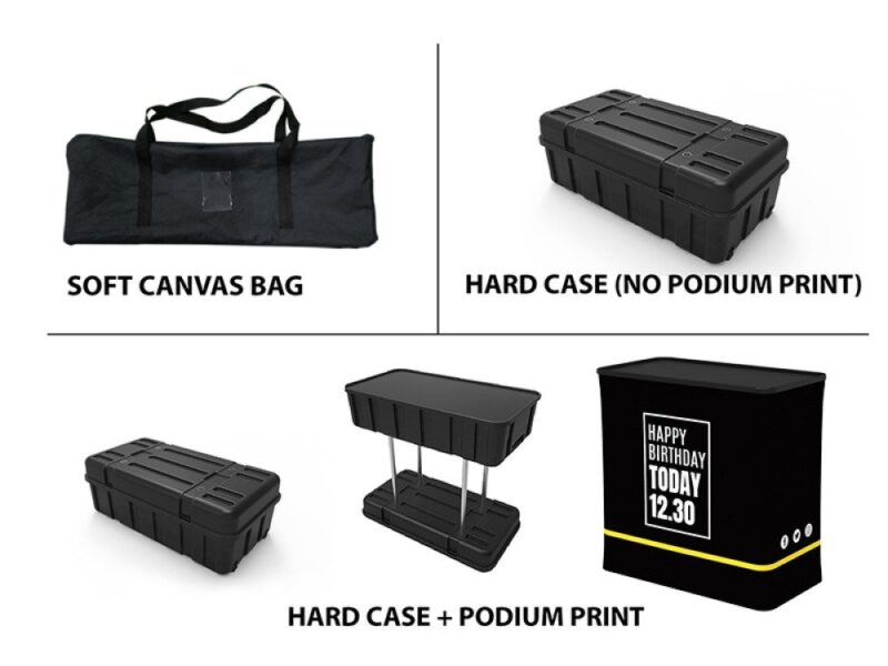 Carrying cases and printed podium.