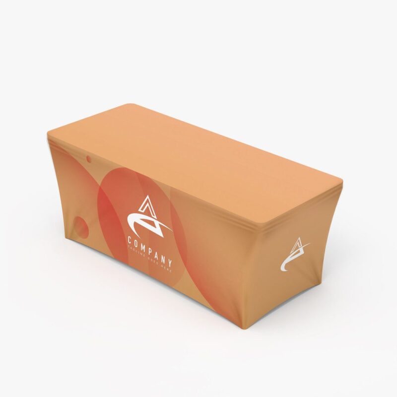 Orange branded table cover mockup.