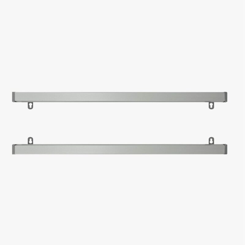 Here's an alt tag for the image: Two silver poster hanging rails.