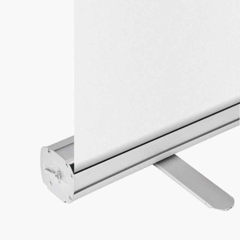 Here's an alt tag for the image: White retractable banner stand.