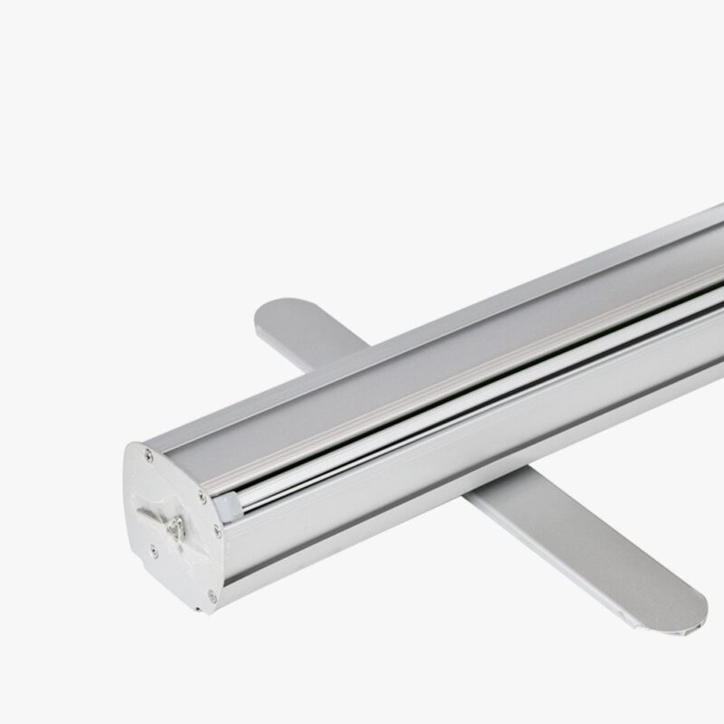 Here's an alt tag for the image: Silver retractable banner stand base.