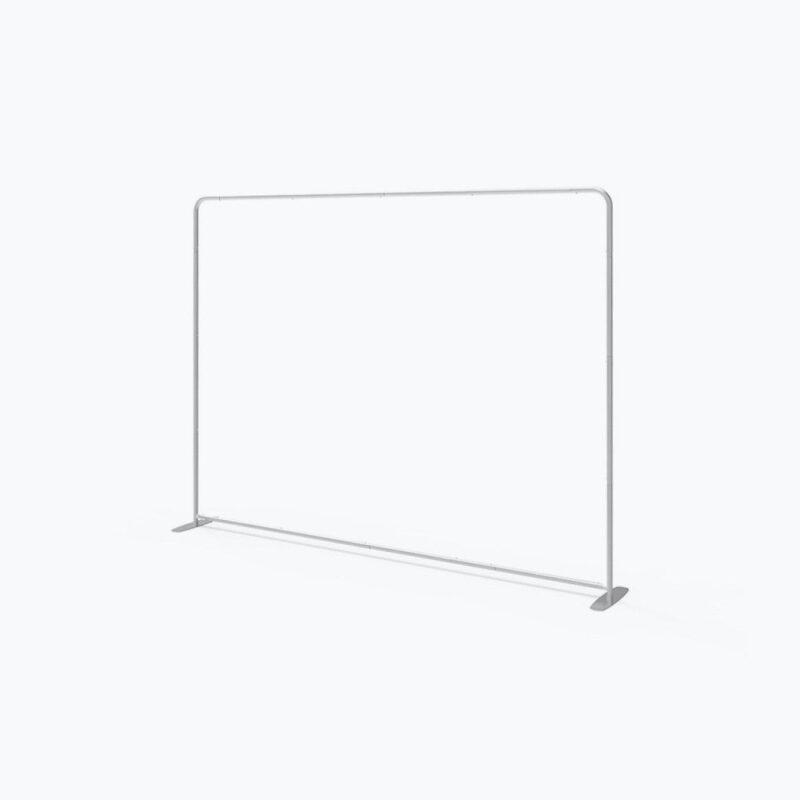 Here's an alt tag for the image: Blank trade show banner stand.