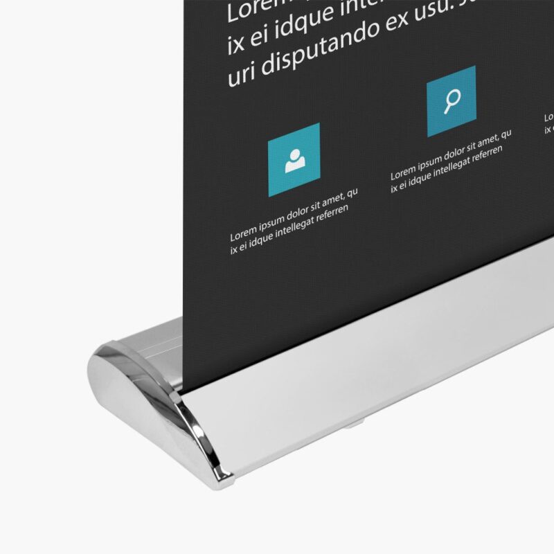 Retractable banner stand with icons.