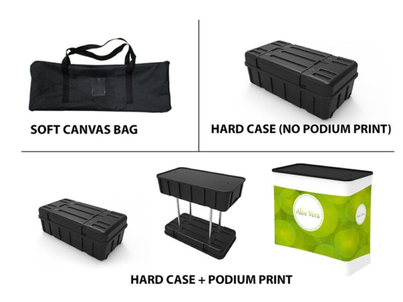 Display cases, bag, and printed podium.