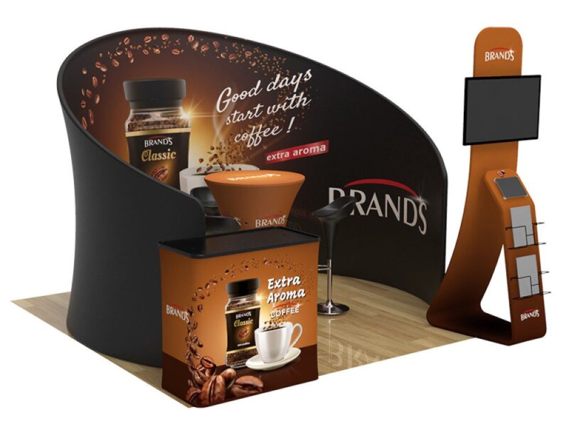 Brands coffee display booth with screen.