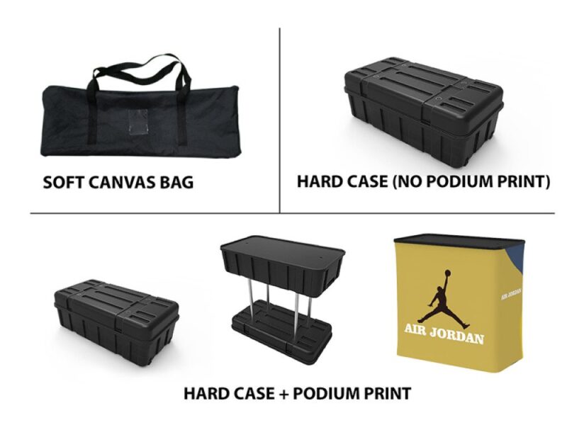 Display case, bag, and printed podium.