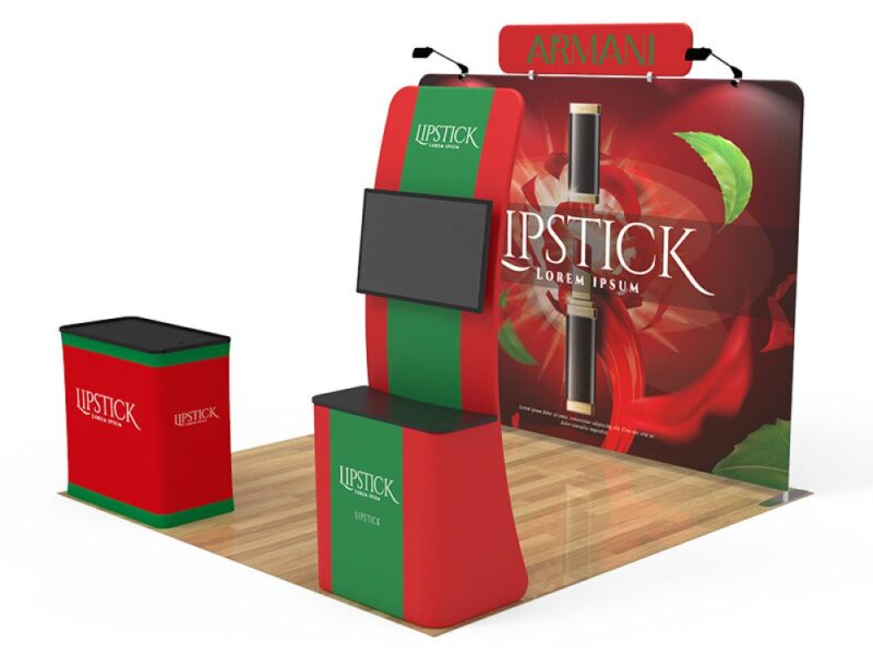 Red trade show booth, lipstick display.