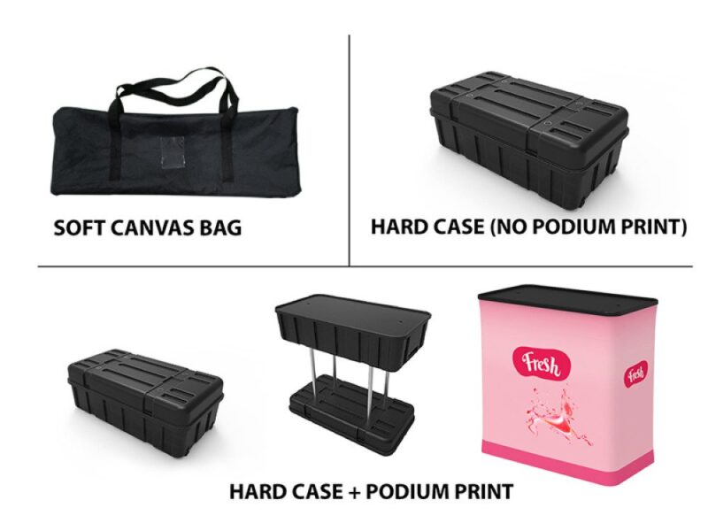Display cases, bags, and printed podium.