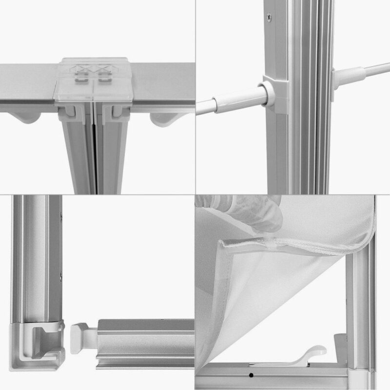 Pop-up display stand assembly details.