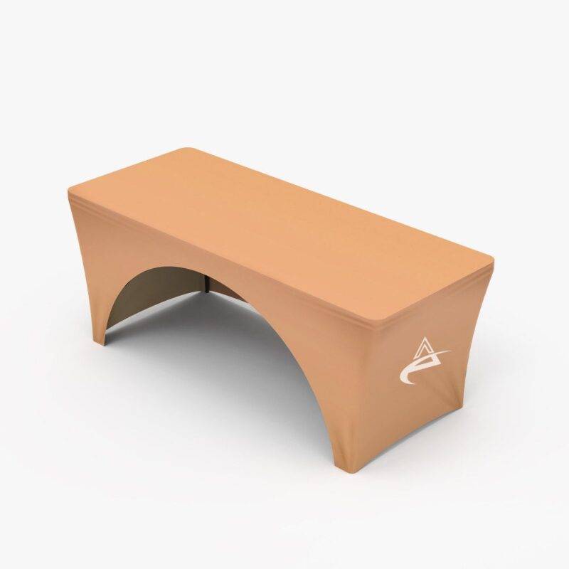 Here's an alt tag for the image: Beige fitted table cover.