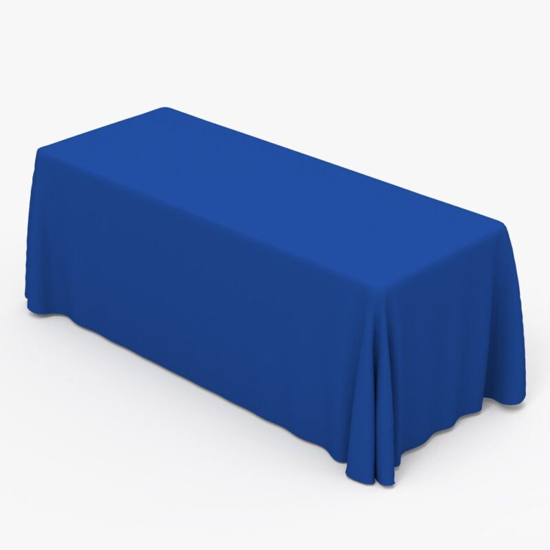 Here's an 8-word alt tag for the image: Blue rectangular tablecloth draped over a table.