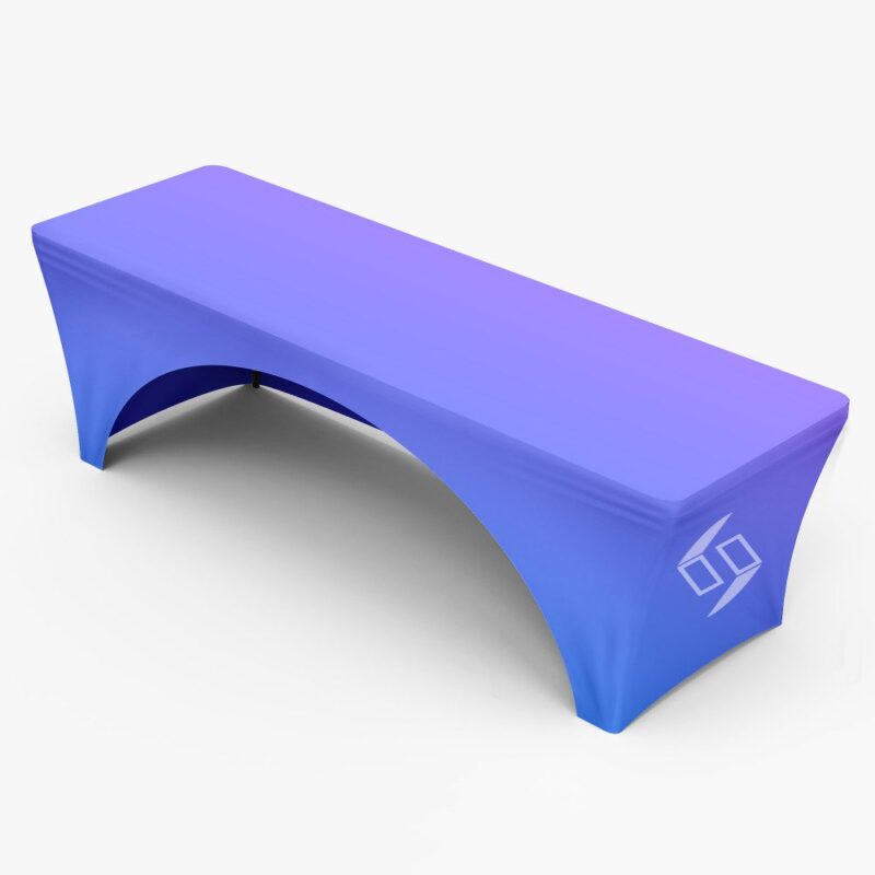 Purple fitted table cover, logo.