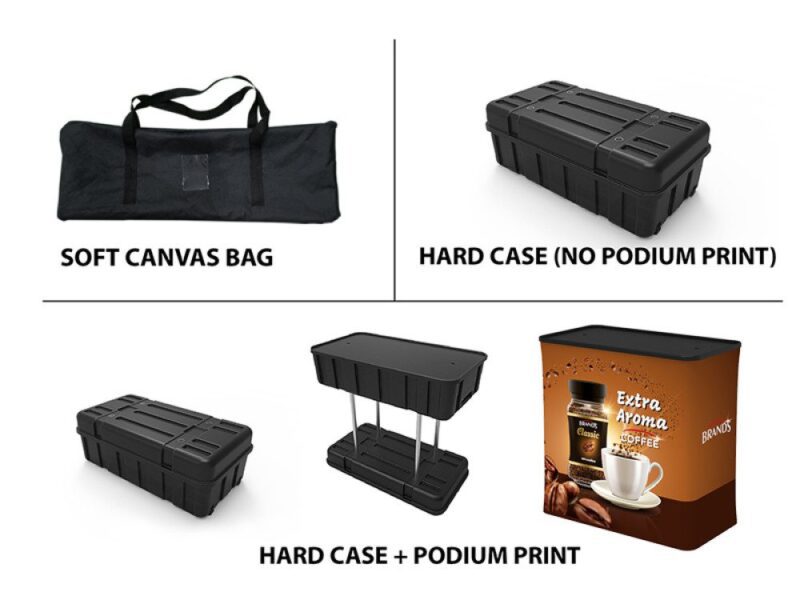 Here's an alt tag for the image: Display cases, bags, and printed counter.
