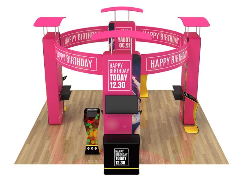 Pink birthday party exhibition booth.