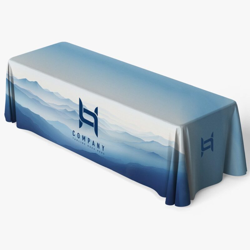 Company logo on blue table cover.