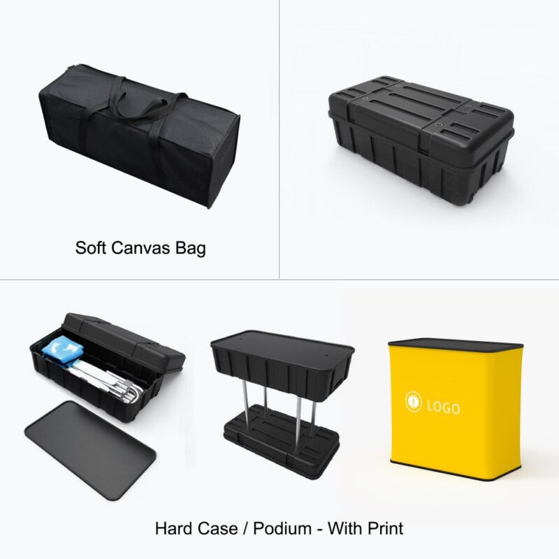 Display cases, bags, and podium.