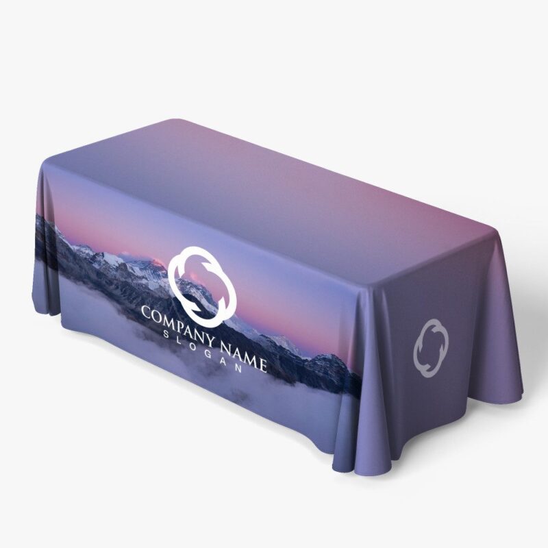 Printed table cover with company logo.