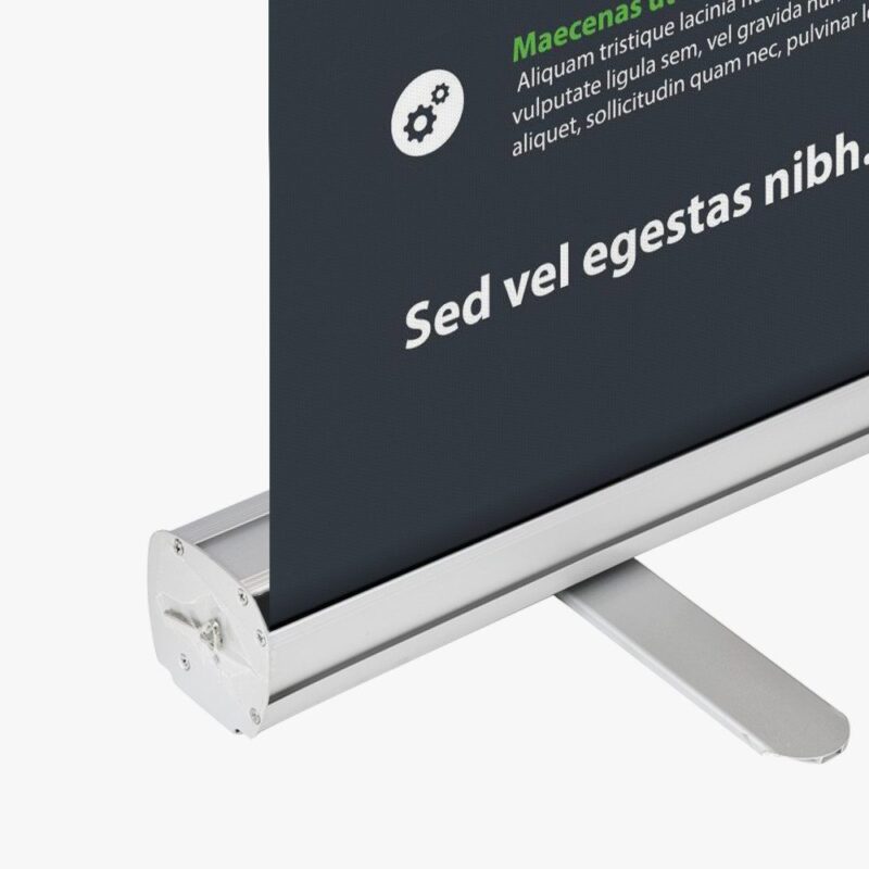 Retractable banner stand with text.