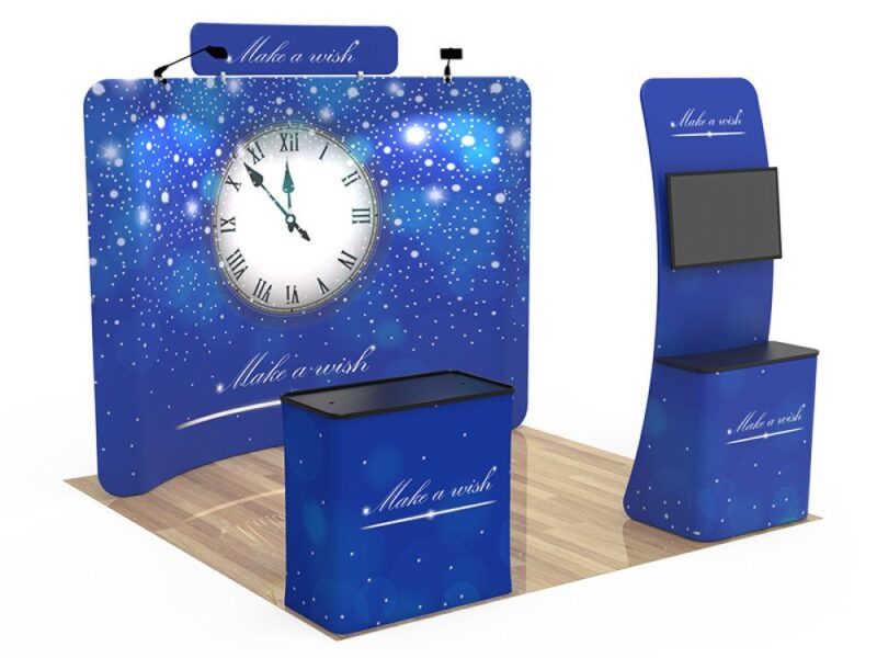 Blue trade show booth with clock graphic.